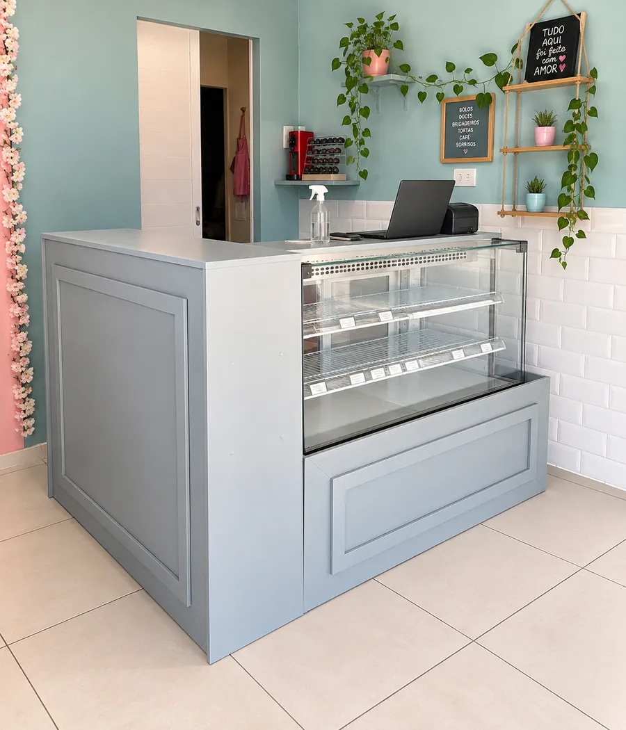 Balcão de doceria com vitrine